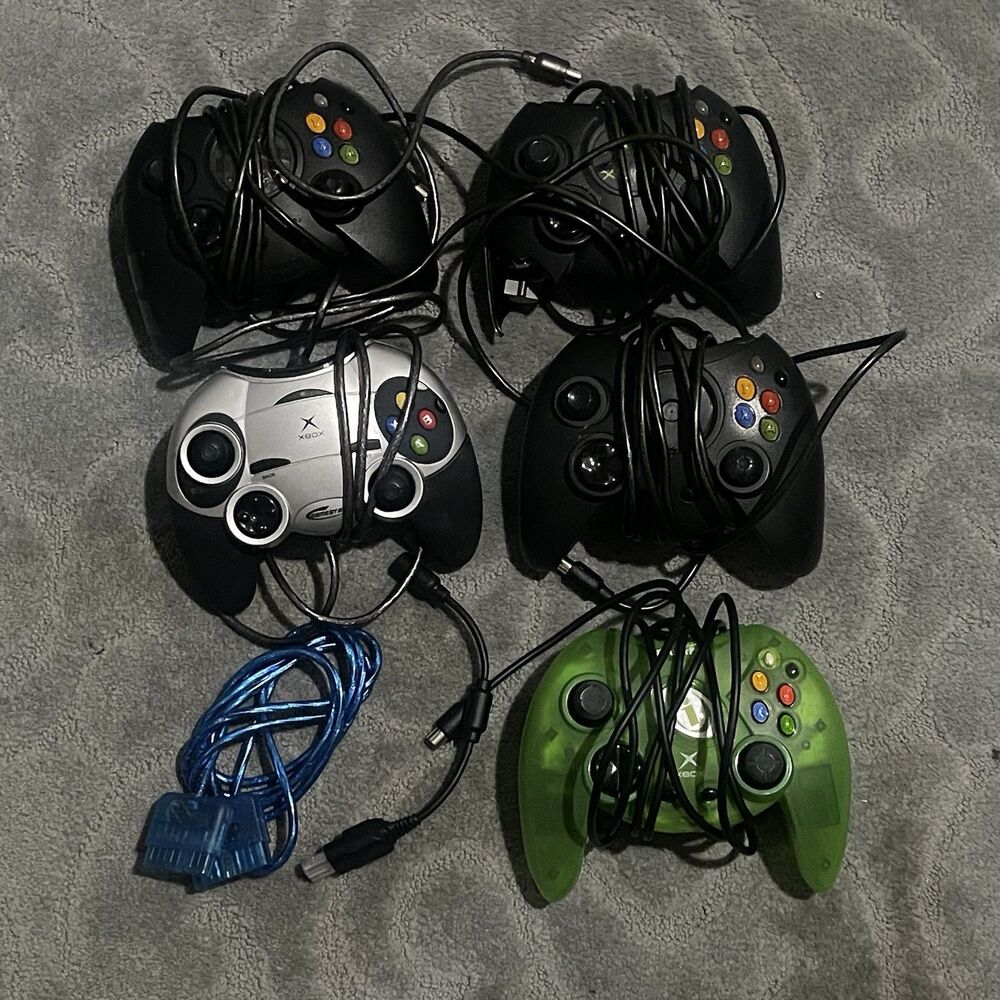 Lot of 5 Original Microsoft Xbox Controller AS IS Not Tested + Gamester Powerpad